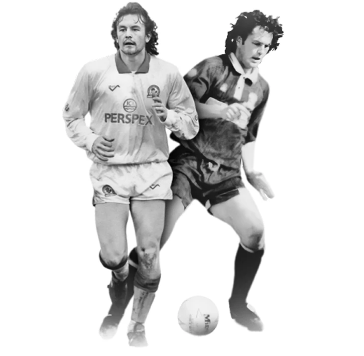 AIM-FOR founders Lee Richardson (left) and Nick Richardson (right) pictured during their professional football careers in the 1990s, both wearing their respective team kits and in motion on the pitch.