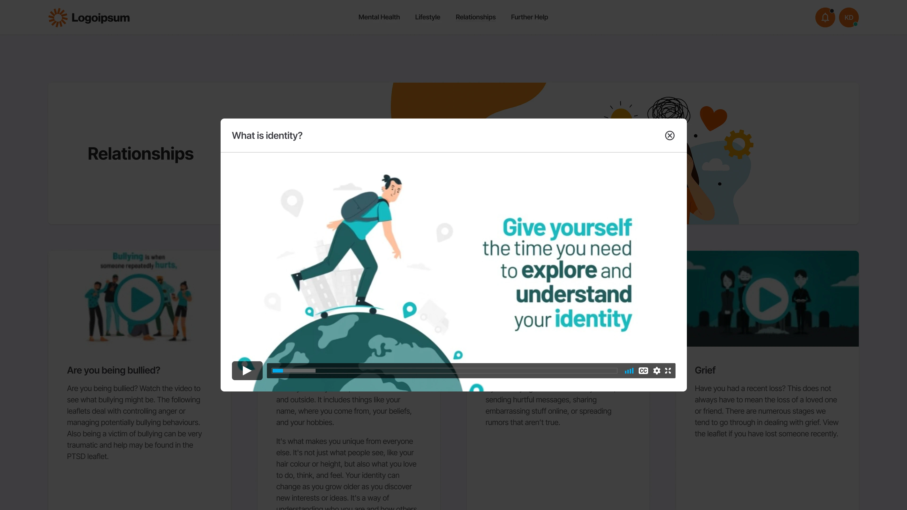 Video modal on The Safety Net platform under the ‘Relationships’ section, titled ‘What is identity?’, showing an animation of a person walking over a globe with the message: ‘Give yourself the time you need to explore and understand your identity.