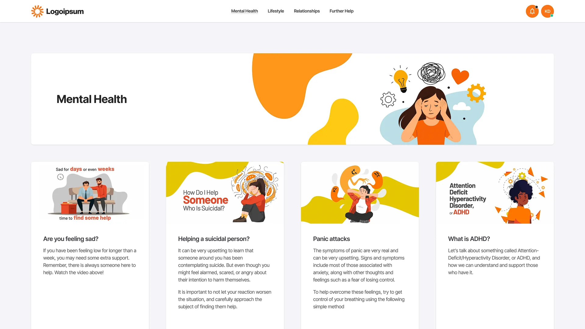 A white-labelled Safety Net dashboard with a customisable Logoipsum logo at top left and “Mental Health” prominently displayed alongside an illustrative icon of a frustrated person. Below the header sit four informational panels—“Are you feeling sad?” (two figures on a bench), “Helping a suicidal person?” (solitary, upset figure), “Panic attacks” (person enveloped by swirling shapes) and “What is ADHD?” (graphic of a young individual)—each accompanied by concise guidance text.